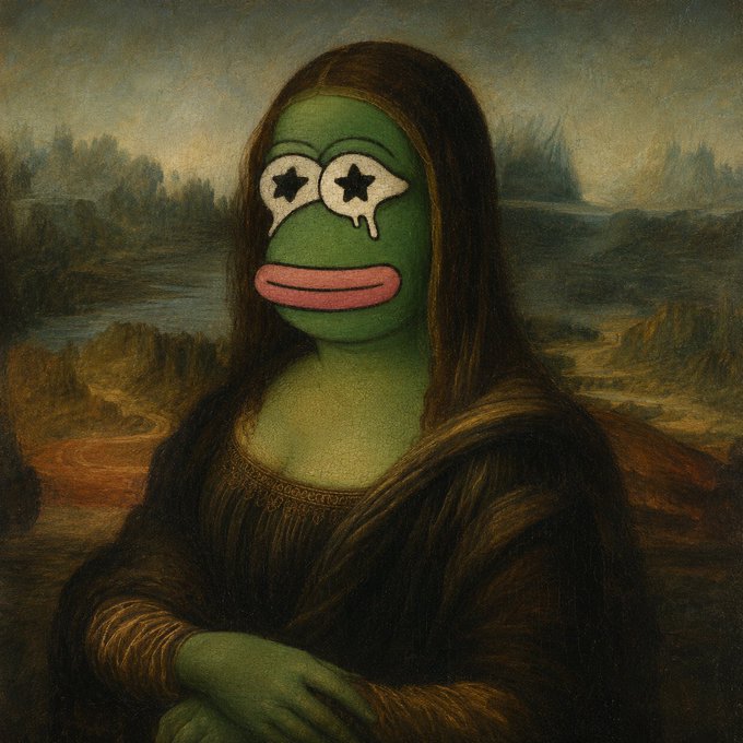 A digital artwork combining Leonardo da Vinci's "Mona Lisa" with the iconic Pepe the Frog meme, featuring the green frog character with star-shaped sunglasses and a pink smile overlaid on the classic Renaissance portrait. The meme likely relates to NFT culture on Robinhood Chain, where Pepe is a popular collectible mascot among crypto enthusiasts minting ERC721 tokens.