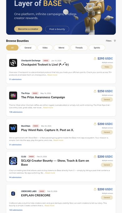 The image shows the "Layer of BASE" platform homepage displaying various content bounties from projects including Checkpoint Exchange ($295 USDC), The Prize ($250 USDC), Word Rain ($200 USDC), CLIQ ($200 USDC), and CrecCore Labs ($200 USDC). The post's call to action invites users to tag @base projects they want to see host a content bounty through cre8core labs, encouraging participation in BASE's creator bounty ecosystem.