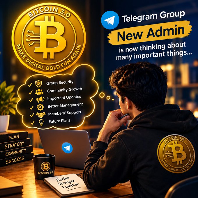 A promotional graphic for 'BITCOIN 3.0 - Make Digital Gold Fun Again' features a Bitcoin logo, a Telegram Group 'New Admin' announcement, and a man at a laptop with a checklist including 'Group Security' and 'Better Management'.
