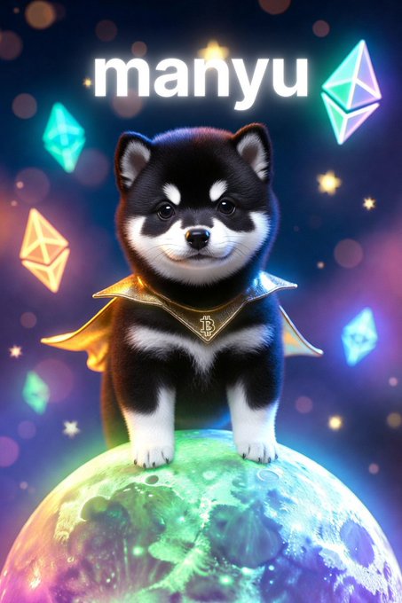 A digital illustration of a black and white shiba inu puppy wearing a golden cape, standing on a colorful Earth-like planet with the text 'manyu' and an Ethereum logo floating among gems and stars.