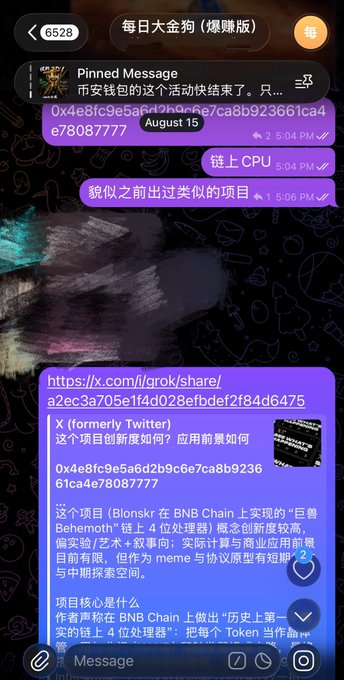 A Telegram conversation shows a user sharing a project promotion labeled "Behemoth" (BSC链上 4 处理器), accompanied by text detailing a 200k to 2.5m call and highlighting CZ's interest in the project, with the message claiming it is the only project on BSC with tech relevance.