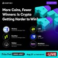 A digital poster promotes a Crypto News Live X Space titled "More Coins, Fewer Winners: Is Crypto Getting Harder to Win?" featuring sponsor logos (Binance, Aster, LOL, Pump.fun, Houdini, etc.), with text announcing a DigiTalk EP77 AMA event on August 21 at 11 AM UTC. The image serves as a promotional graphic for the Twitter Spaces discussion about the challenges and opportunities in the evolving crypto market.
