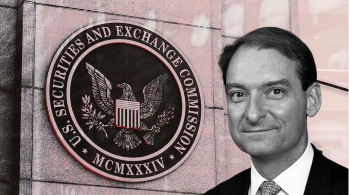 A man in a suit standing beside the U.S. Securities and Exchange Commission seal, which displays an eagle emblem and the Roman numeral MCMXXXIV.