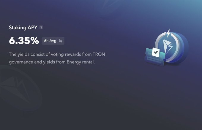 The image shows a screen displaying information about a cryptocurrency called "Tron" with a blue background, white text, and icons representing different aspects of the cryptocurrency. The screen also displays some text that reads "Staking APY 7", which is likely related to the user's account or transaction details.