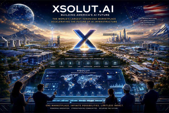 A promotional graphic for 'XSOLUT.AI' claiming to be 'THE WORLD'S LARGEST TOKENIZED MARKETPLACE' for AI, showing a futuristic cityscape with people viewing digital screens, along with various icons for projects, capital, power, and infrastructure.