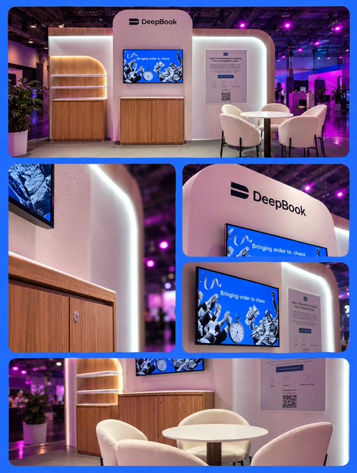 A collage of photos showing the DeepBook booth at what appears to be a conference, featuring branded displays, screens showing 'Bringing order to chao', seating areas, and wooden cabinetry in purple-lit surroundings.
