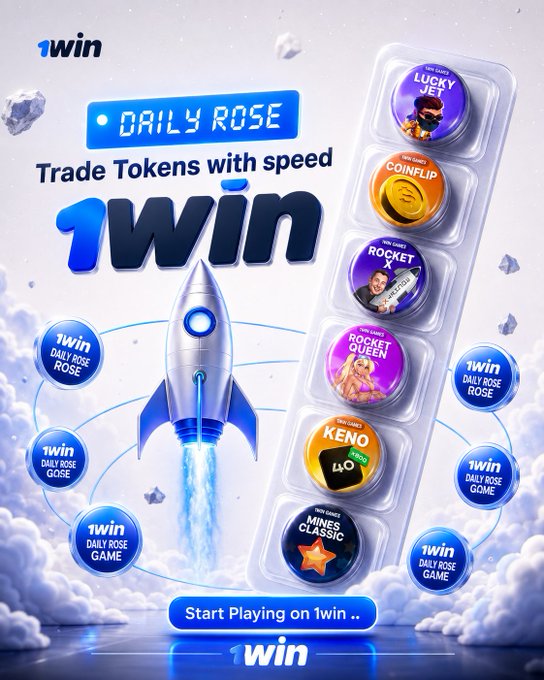 A promotional advertisement for the '1win' platform featuring a rocket ship launching through clouds, with various mini-games like 'LUCKY JET', 'COINFLIP', and 'KENO' displayed in capsules.