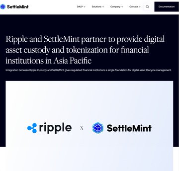 A webpage from SettleMint announcing a partnership with Ripple to provide digital asset custody and tokenization for financial institutions in Asia Pacific.