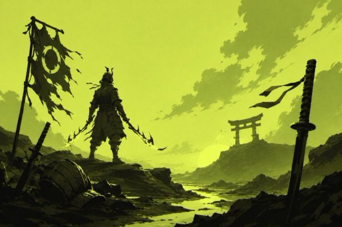 A green-tinted silhouette illustration of a samurai warrior holding two weapons near a tattered banner and a katana planted in the ground, with a torii gate in the distance.