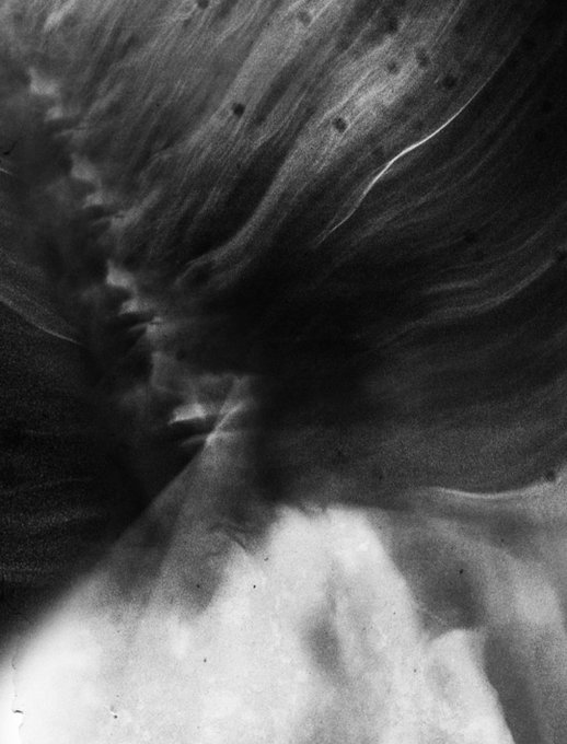 A black and white abstract image with blurry streaks and dark gradients.