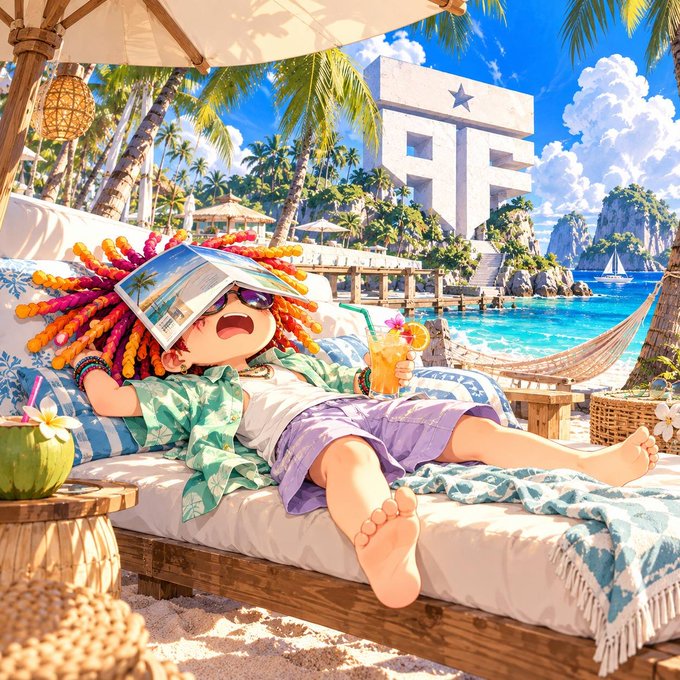 A vibrant 3D-rendered illustration of a stylized cartoon character with colorful dreadlocks, sunglasses, and a tropical shirt relaxing on a beach lounge chair under a parasol at a luxurious tropical resort.