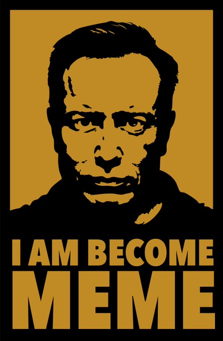 A stylized gold and black stencil portrait of a man appears above the bold text "I AM BECOME MEME," referencing the famous Oppenheimer quote. The image ties to the post as the collector proudly showcases their accumulation of 10 of these meme cards from 6529er, noting the artwork depicts Elon Musk, whom they praise as a key innovator.