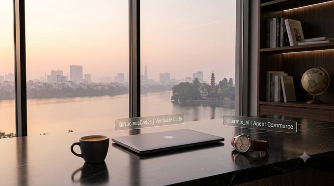 A desk setup with a laptop, coffee, watch, and globe overlooks a city skyline and river at sunset, featuring small text overlays reading '@NucleusCodes | Verifiable Code' and '@lermix_ai | Agent Commerce'.