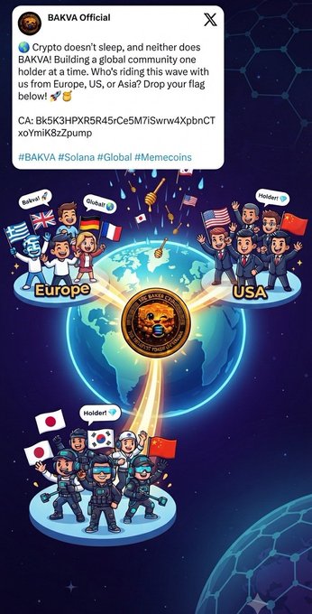 A BAKVA Official social media post promoting a Solana-based cryptocurrency called BAKVA, featuring cartoon characters from Europe, USA, and Asia holding flags around a globe with a central lion-logo coin.