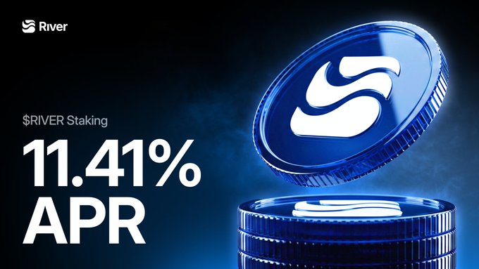 Promotional graphic for 'River' cryptocurrency advertising '$RIVER Staking' at '11.41% APR' with a 3D blue coin featuring the River logo.