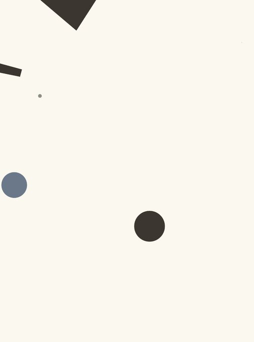 A minimalist abstract design featuring scattered geometric shapes—circles in slate blue, black, and a tiny gray dot, along with dark triangular fragments—on a cream background, likely representing a stylized NFT artwork listed on OpenSea.