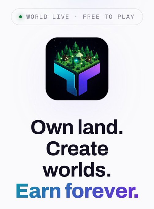 App store advertisement for a world-building game featuring a 3D isometric cube logo and the tagline, 'Own land. Create worlds. Earn forever,' labeled as 'World Live - Free to Play.'
