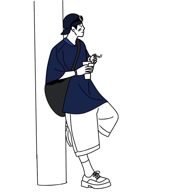 An illustration of a person wearing a dark blue oversized shirt, a cap, and a crossbody bag, leaning against a wall while drinking from a cup with a straw.