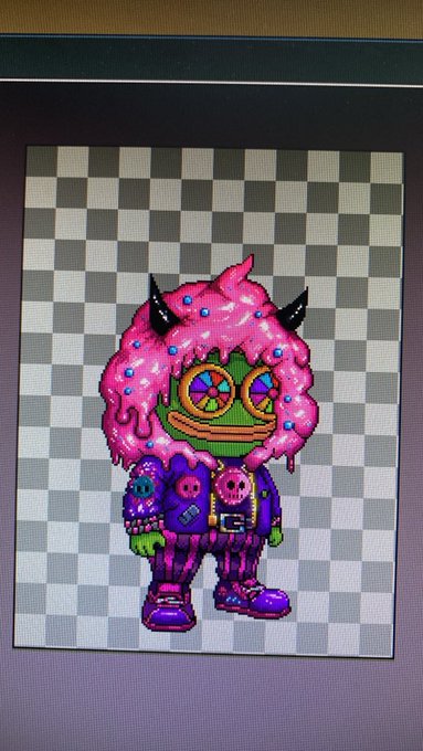 A pixel art character with pink glowing hair, horns, and a purple outfit stands against a gray and white checkered background.