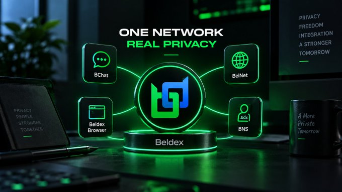 Promotional graphic for Beldex network displaying 'ONE NETWORK REAL PRIVACY' with connected services including BChat, BelNet, Beldex Browser, and BNS, alongside slogans 'PRIVACY FREEDOM INTEGRATION A STRONGER TOMORROW'.