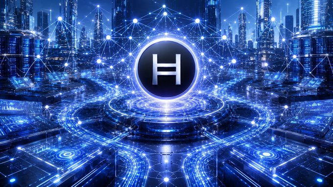 A futuristic blue digital cityscape with a glowing central emblem featuring the letter 'H' surrounded by interconnected network nodes.