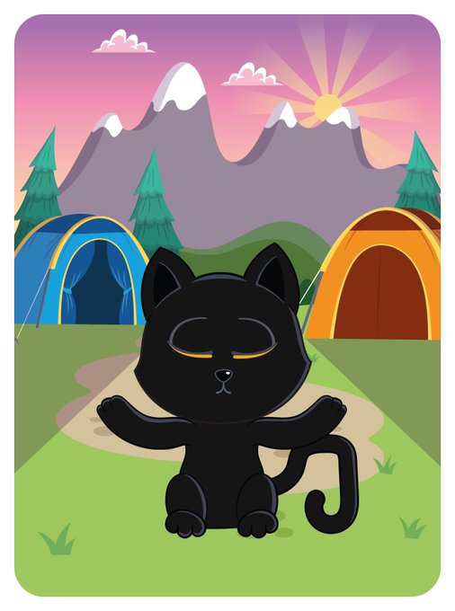 A black cat meditating peacefully in front of two tents with mountains and a sunrise in the background.