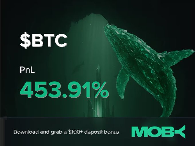 A promotional advertisement featuring a green crystal whale sculpture with text "$BTC PnL 453.91%" and "Download and grab a $100+ deposit bonus" alongside the MOBK logo.