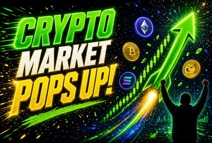 A bold, neon-lit graphic promoting "CRYPTO MARKET POPS UP!" alongside iconic Bitcoin, XRP, Solana, and Dogecoin coin logos, a rocket-like green chart arrow, and a silhouetted figure celebrating—all capturing the excitement of the night's broadcast about $BTC, $XRP, and $SOL staging a market surge.