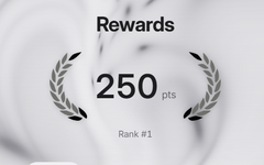 A 'Rewards' achievement badge displays '250 pts' with 'Rank #1' surrounded by laurel wreaths on a white background.