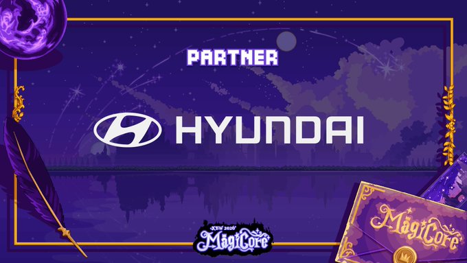 A pixel art promotional graphic announcing Hyundai Motor as a "PARTNER" for MAGICORE, featuring the Hyundai logo against a magical purple nightscape with decorative elements like a quill, crescent moon, and "Magicore" book, reflecting the theme of "Where Progress Meets Magic."