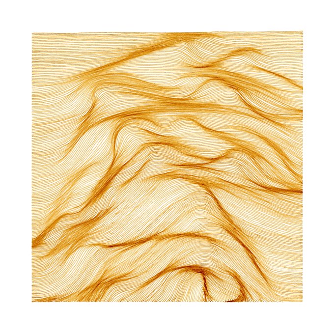 An abstract artwork or texture featuring flowing, wavy, wood-grain-like lines in shades of orange, brown, and cream on a light background.