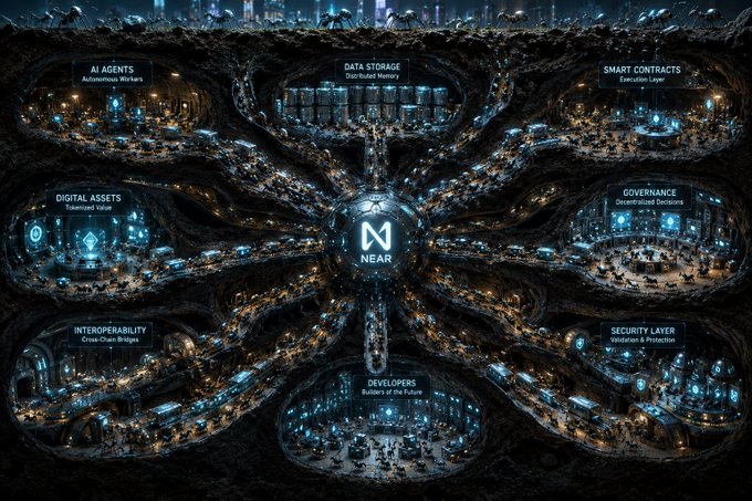 A detailed infographic titled 'NEAR' in the center, surrounded by eight labeled sections including AI Agents, Data Storage, Smart Contracts, Digital Assets, Governance, Interoperability, Security Layer, and Developers.
