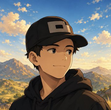 Anime-style illustration of a young man wearing a black cap and hoodie with a scenic mountain and cloudy sky background.