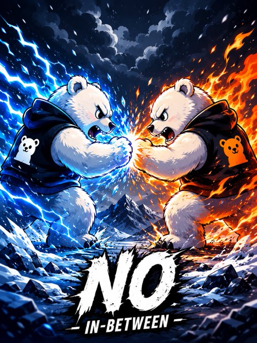 The image features two cartoon bears fighting each other with fire coming out of their mouths. The background shows a dark sky filled with lightning bolts. Below the bears, there's text that reads "No In-between" followed by an explanation about the goal of the post.