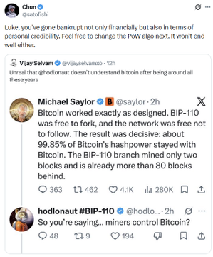 A screenshot of a tweet thread featuring @saylor, @hodlonaut #BIP-110, and @ Vijay Selvam, discussing how Bitcoin worked exactly as designed with the BIP-110 hashpower staying with Bitcoin.