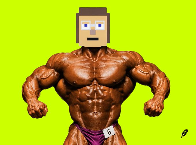 A humorous digital artwork featuring a pixelated Minecraft-style Steve head on an extremely muscular bodybuilder physique wearing purple posing trunks with the number 6, against a bright yellow-green background.