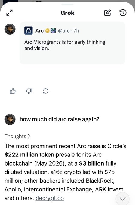 Screenshot of a Grok AI chat interface where the user asks 'how much did arc raise again?' and Grok responds about Arc's $222 million token presale for Circle's Arc blockchain at a $3 billion fully diluted valuation, with a16z crypto leading a $75 million investment.