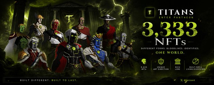 A promotional banner for the "TITANS ENTER PANTHEON" NFT collection showcases 3,333 unique digital artworks featuring Greek-inspired mythological characters, with text highlighting "Different forms. Bloodlines. Identities. One World." and key features including 2,333 NFTs, unique art direction, rich lore, and a living ecosystem. The image visually reinforces the post's emphasis on the project's distinctive art direction, strong brand identity, and the richly developed world that sets it apart from typical NFT launches.