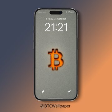 A smartphone lock screen displaying a Bitcoin logo wallpaper with the time '21:21' on 'Friday, 31 October', and the watermark '@BTCWallpaper' on an orange and blue background.