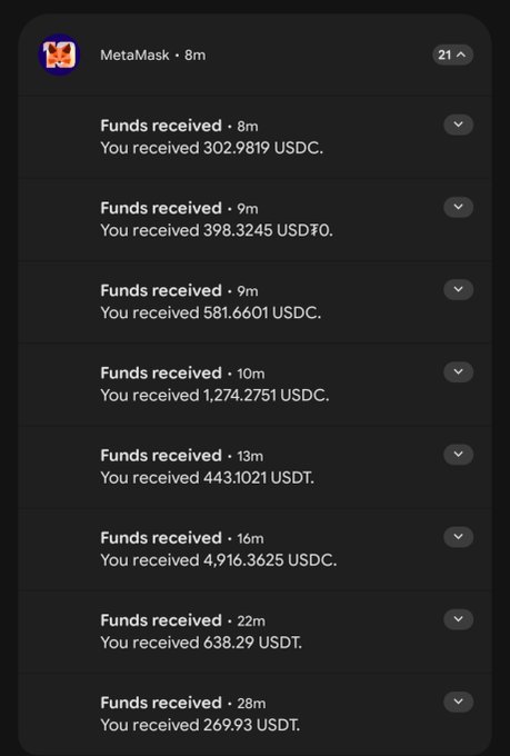 A MetaMask notification center showing multiple "Funds received" alerts over the past 28 minutes for incoming USDC and USDT transfers totaling several thousand dollars, illustrating the user's emergency withdrawal of crypto from potentially compromised neobank platforms like Tria to safer self-custody wallets on EVM and Solana networks.