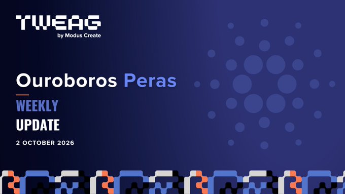 A graphic featuring the Tweak logo by Modus Create, with text reading "Ouroboros Peras WEEKLY UPDATE - 2 OCTOBER 2026" against a dark blue background with a dot-pattern emblem and pixelated border, promoting the latest progress update on the Peras protocol.