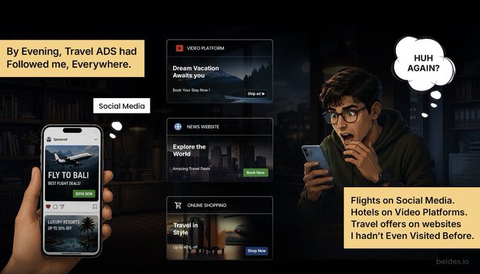 An illustration depicting a man looking confused at his smartphone while travel advertisements appear across social media, video platforms, news websites, and online shopping, with text describing how 'Travel ADS had Followed me, Everywhere.'