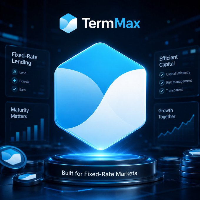 A promotional graphic for TermMax, featuring a glowing blue hexagonal logo and text including 'Fixed-Rate Lending', 'Lend, Borrow, Earn', 'Efficient Capital', 'Maturity Matters', 'Growth Together', and 'Built for Fixed-Rate Markets'.