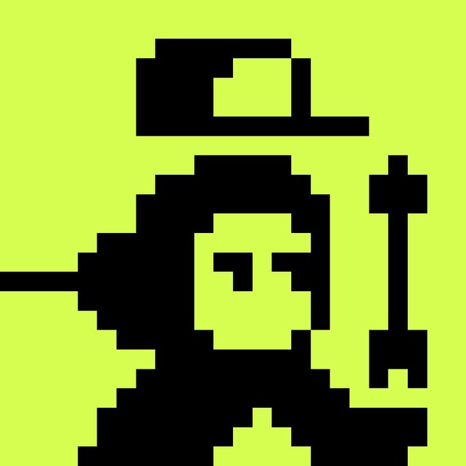 A crude, 8-bit style pixel art character with a black hood and a face outline is set against a solid bright yellow-green background, holding a black pixelated staff.