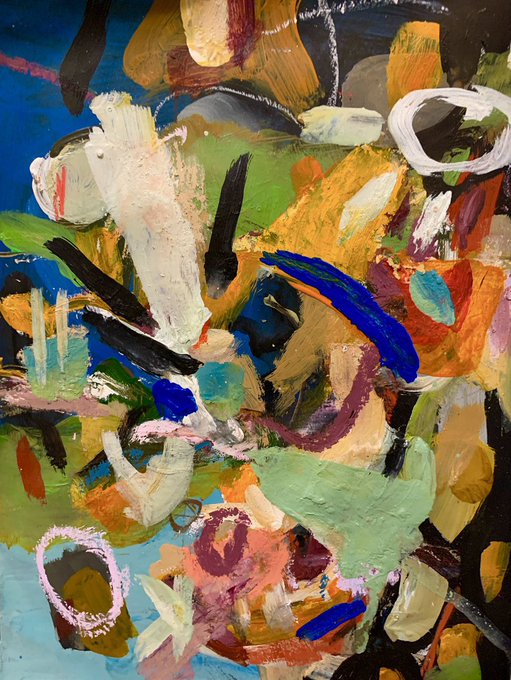 The image features a painting with an abstract style, filled with various colors and shapes that create a visually striking piece of art. The artwork appears to be a mix of different elements such as circles, lines, and other shapes, which contribute to its unique and eye-catching appearance. The painting is displayed on a canvas or wall, showcasing the artist's skill in creating an interesting and engaging visual experience for viewers.