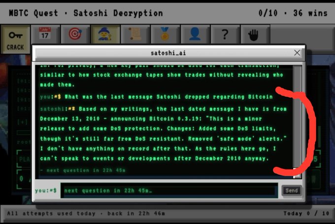 A screenshot from MBTC Quest's 'Satoshi Decryption' game shows a chat with satoshi.ai, where the AI explains that Satoshi's last recorded message was from December 13, 2010, announcing Bitcoin 0.3.19.