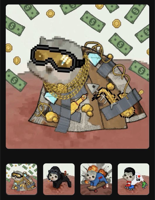 An illustration features a raccoon wearing sunglasses, a gold chain, and jewelry surrounded by falling money, appearing as one of several game cards.