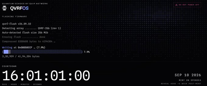 A QVRFOS flashing firmware screen from QuNetwork showing qvrf-flash v26.09.10 writing at 7.9% with a countdown of 16:01:01:00 and date SEP 10 2026.
