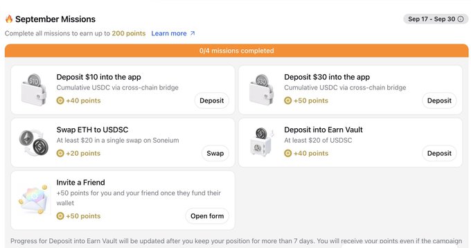 A 'September Missions' rewards page lists tasks such as 'Deposit $10 into the app', 'Swap ETH to USDC', and 'Invite a Friend' for points.