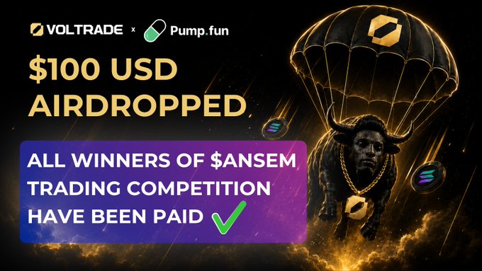An announcement graphic from Voltrade x Pump.fun stating '$100 USD AIRDROPPED' and confirming that all winners of the $ANSEM trading competition have been paid.